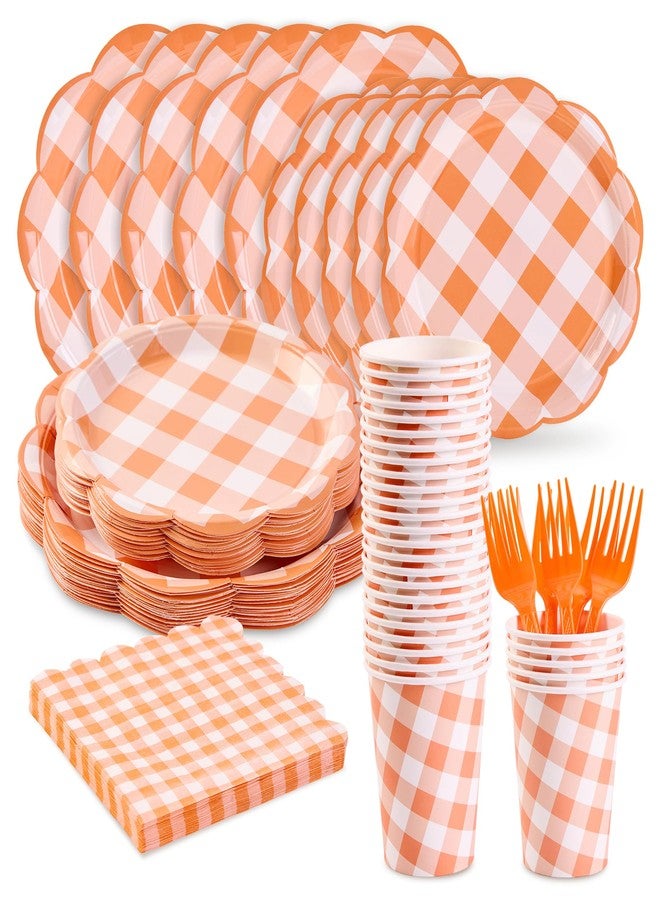 HiPeep 125Pcs Orange Gingham Plates, Disposable Fall Plaid Dinnerware with Plates, Napkins, Forks and Cups Orange and White Checkered Party Supplies for Birthday, Baby Shower Party - Image 1