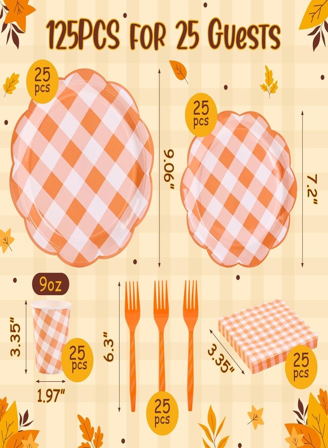 HiPeep 125Pcs Orange Gingham Plates, Disposable Fall Plaid Dinnerware with Plates, Napkins, Forks and Cups Orange and White Checkered Party Supplies for Birthday, Baby Shower Party - Image 3