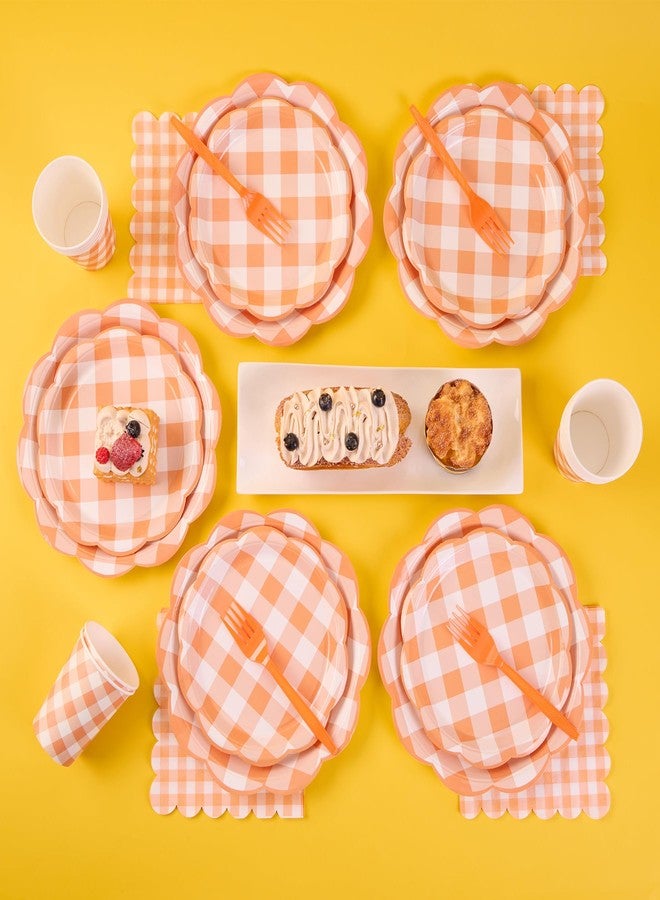 HiPeep 125Pcs Orange Gingham Plates, Disposable Fall Plaid Dinnerware with Plates, Napkins, Forks and Cups Orange and White Checkered Party Supplies for Birthday, Baby Shower Party - Image 5