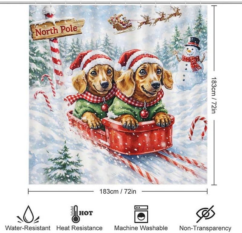 Dachshunds in sled at North Pole with Santa Flying aboveShower Curtain for Bathroom Waterproof Tan Shower Curtain with Hooks 71 inch x 71 inch - Image 3