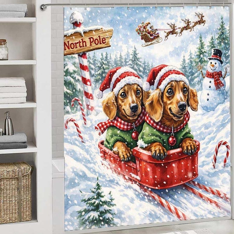 Dachshunds in sled at North Pole with Santa Flying aboveShower Curtain for Bathroom Waterproof Tan Shower Curtain with Hooks 71 inch x 71 inch - Image 2