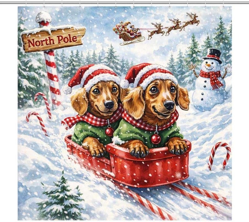 Dachshunds in sled at North Pole with Santa Flying aboveShower Curtain for Bathroom Waterproof Tan Shower Curtain with Hooks 71 inch x 71 inch - Image 1
