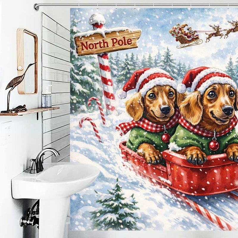 Dachshunds in sled at North Pole with Santa Flying aboveShower Curtain for Bathroom Waterproof Tan Shower Curtain with Hooks 71 inch x 71 inch - Image 4