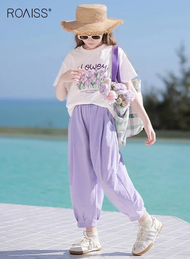 roaiss Girls T-shirt and Pants Set, Stylish Summer Outfit with Short Sleeve Top and Solid Pants, 2 Piece Comortable Clothing Set for Girls - Image 1