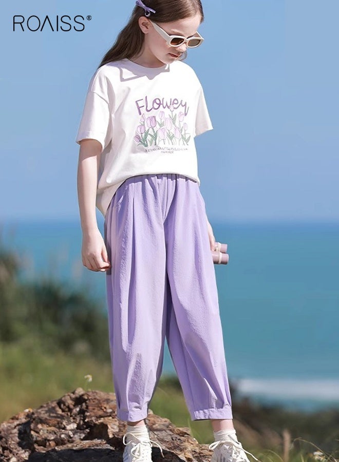 roaiss Girls T-shirt and Pants Set, Stylish Summer Outfit with Short Sleeve Top and Solid Pants, 2 Piece Comortable Clothing Set for Girls - Image 2