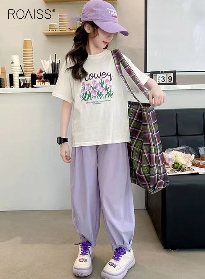 roaiss Girls T-shirt and Pants Set, Stylish Summer Outfit with Short Sleeve Top and Solid Pants, 2 Piece Comortable Clothing Set for Girls - Image 4