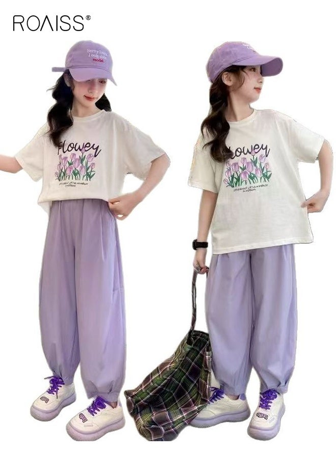 roaiss Girls T-shirt and Pants Set, Stylish Summer Outfit with Short Sleeve Top and Solid Pants, 2 Piece Comortable Clothing Set for Girls - Image 3