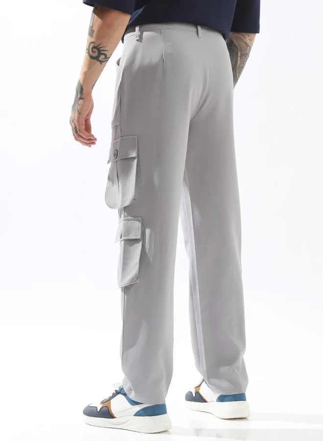 Hubberholme light grey Grey Trousers Solid Button Woven Full Cargo Mid-Rise for Men – Style that defines you for Men | Best Price UAE