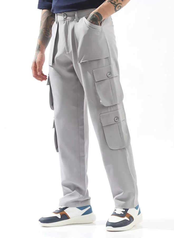 Hubberholme light grey Grey Trousers Solid Button Woven Full Cargo Mid-Rise for Men – Style that defines you for Men | Best Price UAE