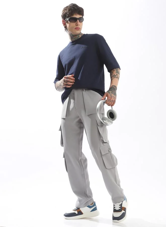 هوبرهولمي بنطلون رمادي رجالي بأزرار سادة منسوج بالكامل بخصر متوسط