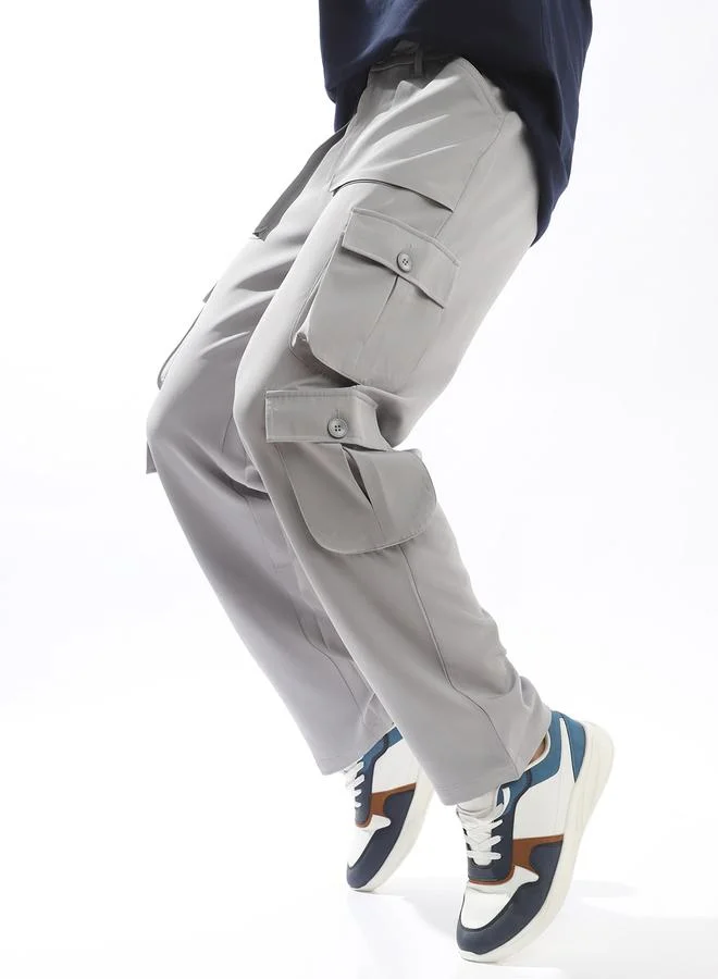 هوبرهولمي بنطلون رمادي رجالي بأزرار سادة منسوج بالكامل بخصر متوسط