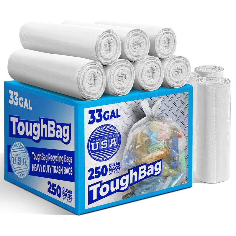 ToughBag 30-33 Gallon Clear Trash Bags Heavy Duty (250 COUNT) - Clear Recycling Garbage Bags 30+ Gallon, 32 Gallon - Made in USA - Image 1