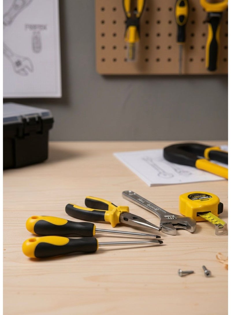 5-piece hand tool set, home maintenance screwdriver set, professional pliers, adjustable wrench, tape measure, tight space repair tools, Phillips and flathead screwdrivers, complete hand tool set, workshop equipment, car and home maintenance tools, screwdrivers, pliers, adjustable wrench, tape measure, measuring, maintenance, repair, disassembly and assembly, hand tools, workshop, home, technician, equipment, screws, Phillips, original, durable, knife, blades, hand tool set, rust-resistant, ergonomic design, basic tool bag, high quality, disassembly and assembly tools, tape measure, technician's knife, yellow and black. - Image 4