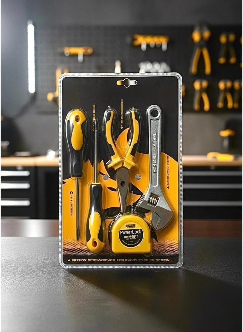 5-piece hand tool set, home maintenance screwdriver set, professional pliers, adjustable wrench, tape measure, tight space repair tools, Phillips and flathead screwdrivers, complete hand tool set, workshop equipment, car and home maintenance tools, screwdrivers, pliers, adjustable wrench, tape measure, measuring, maintenance, repair, disassembly and assembly, hand tools, workshop, home, technician, equipment, screws, Phillips, original, durable, knife, blades, hand tool set, rust-resistant, ergonomic design, basic tool bag, high quality, disassembly and assembly tools, tape measure, technician's knife, yellow and black. - Image 1