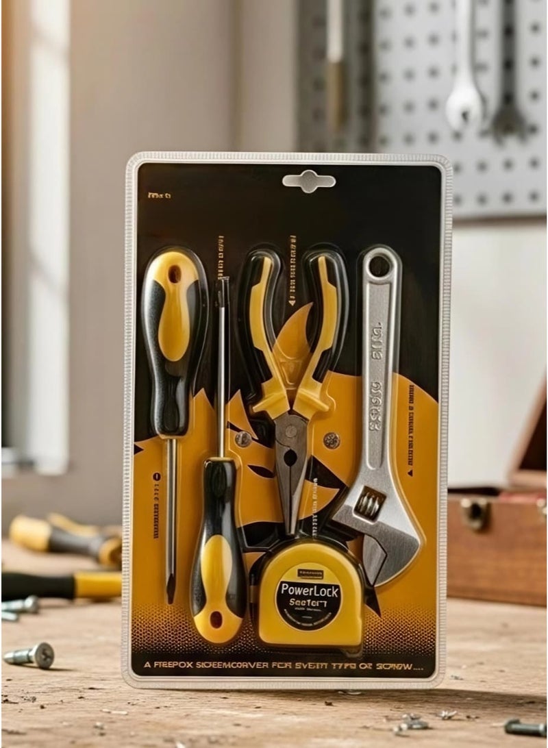 5-piece hand tool set, home maintenance screwdriver set, professional pliers, adjustable wrench, tape measure, tight space repair tools, Phillips and flathead screwdrivers, complete hand tool set, workshop equipment, car and home maintenance tools, screwdrivers, pliers, adjustable wrench, tape measure, measuring, maintenance, repair, disassembly and assembly, hand tools, workshop, home, technician, equipment, screws, Phillips, original, durable, knife, blades, hand tool set, rust-resistant, ergonomic design, basic tool bag, high quality, disassembly and assembly tools, tape measure, technician's knife, yellow and black. - Image 2
