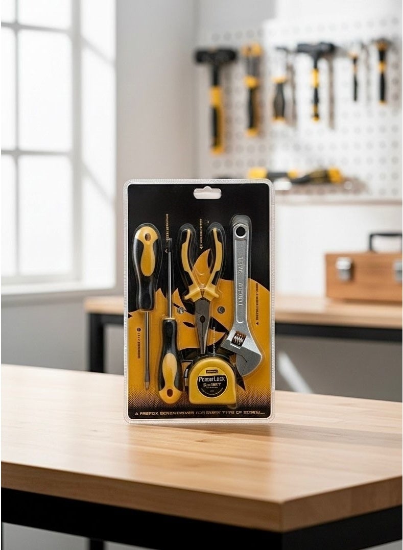 5-piece hand tool set, home maintenance screwdriver set, professional pliers, adjustable wrench, tape measure, tight space repair tools, Phillips and flathead screwdrivers, complete hand tool set, workshop equipment, car and home maintenance tools, screwdrivers, pliers, adjustable wrench, tape measure, measuring, maintenance, repair, disassembly and assembly, hand tools, workshop, home, technician, equipment, screws, Phillips, original, durable, knife, blades, hand tool set, rust-resistant, ergonomic design, basic tool bag, high quality, disassembly and assembly tools, tape measure, technician's knife, yellow and black. - Image 3