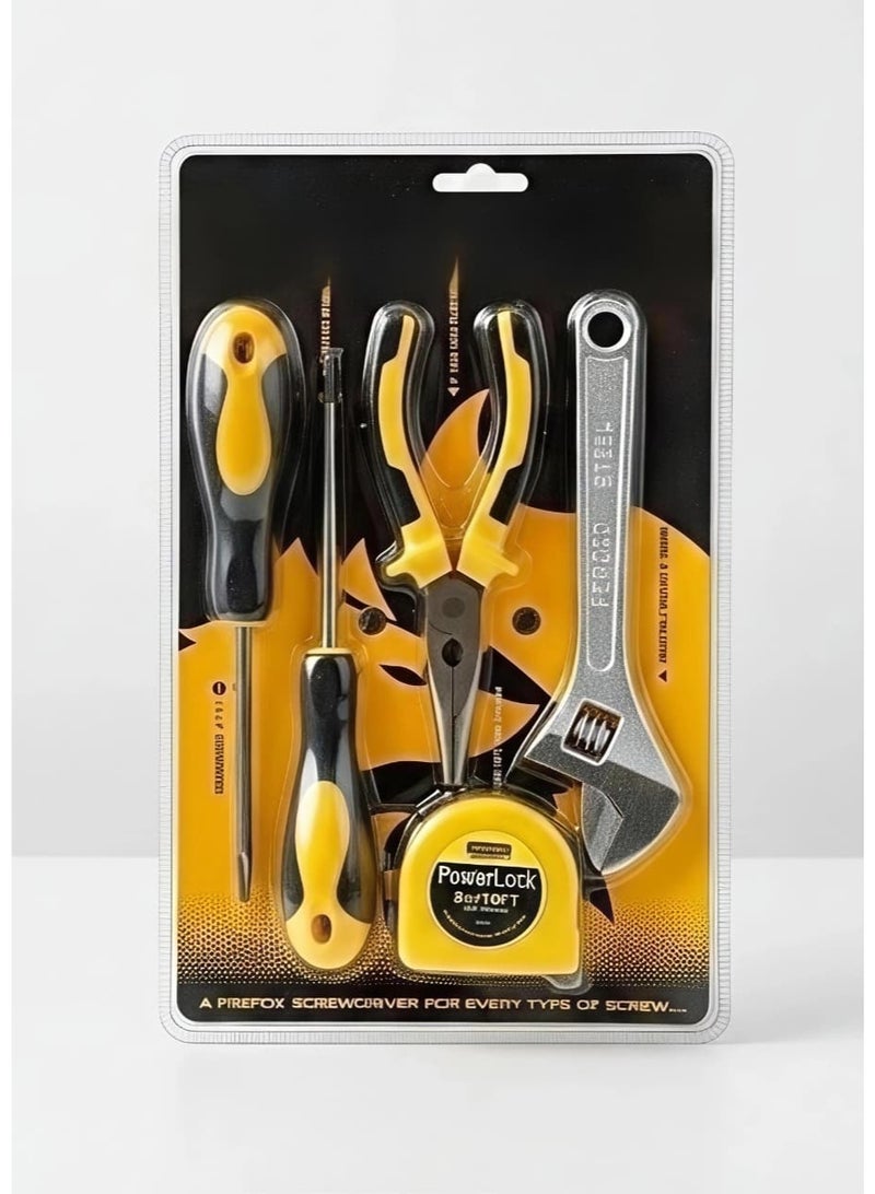 5-piece hand tool set, home maintenance screwdriver set, professional pliers, adjustable wrench, tape measure, tight space repair tools, Phillips and flathead screwdrivers, complete hand tool set, workshop equipment, car and home maintenance tools, screwdrivers, pliers, adjustable wrench, tape measure, measuring, maintenance, repair, disassembly and assembly, hand tools, workshop, home, technician, equipment, screws, Phillips, original, durable, knife, blades, hand tool set, rust-resistant, ergonomic design, basic tool bag, high quality, disassembly and assembly tools, tape measure, technician's knife, yellow and black. - Image 5