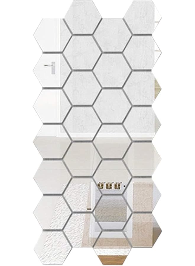 S-TOP 12 Piece 3D Hexagon Acrylic Mirror Wall Stickers DIY Art Decoration Mural Stickers Home Decor Living Room Mirror Sticker Decorative silver medium 12.6 * 12.6 cm (12 for one set) - Image 1