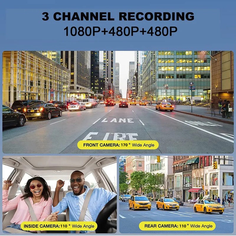 3 Cameras Dash Cam: 2In Black Rearview Mirror - 24-Hour Parking Monitoring 170° Front 110° Cabin 110° Rear Cameras With WDR HDR Night Vision For Car Driving & Parking Safety - Image 2
