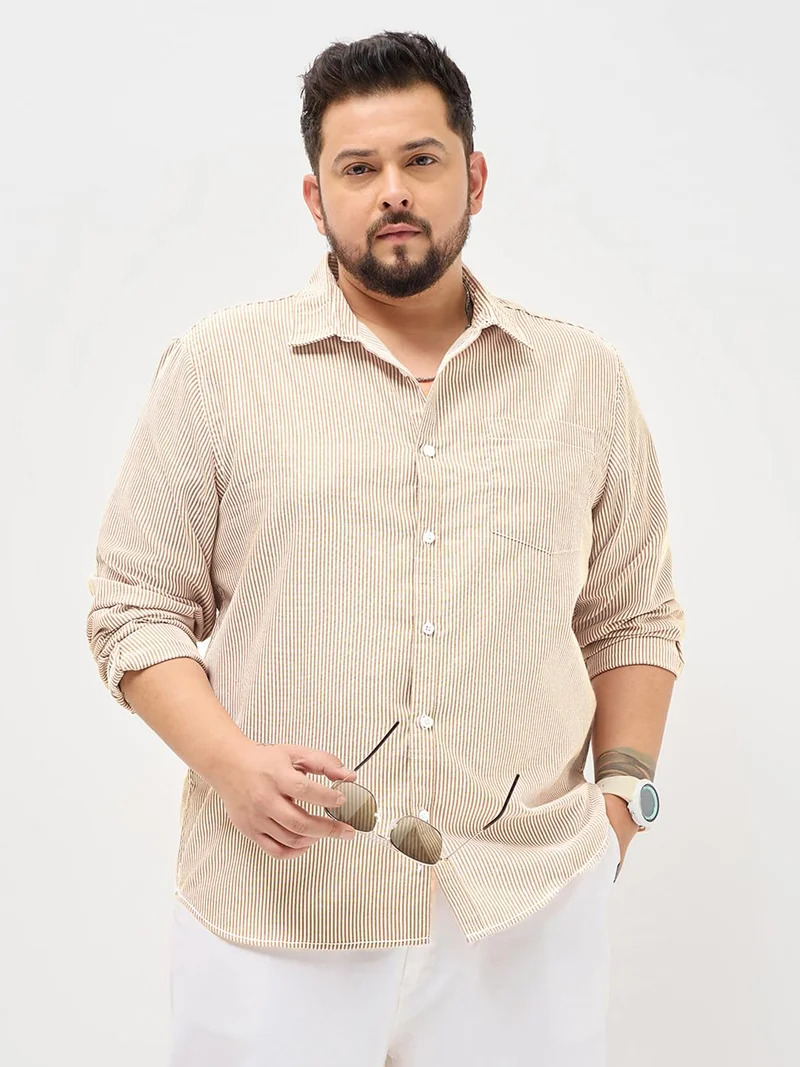 Urbano Plus Men's Pumpkin Spice Cotton Full Sleeve Regular Fit Casual Striped Shirt