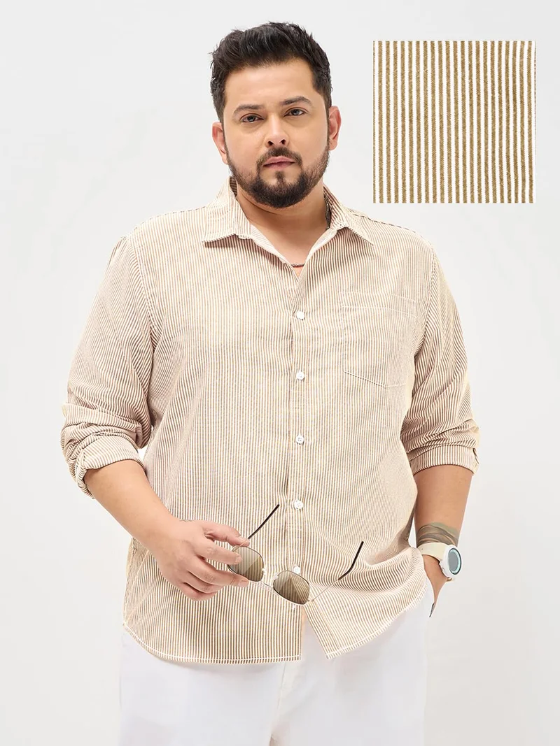 Urbano Fashion  Urbano Plus Men's Pumpkin Spice Cotton Full Sleeve Regular Fit Casual Striped Shirt  | Best Price UAE