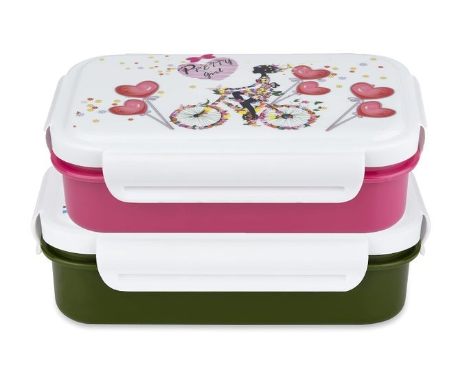 COMBO OF 2 PEPPY SMALL TIFFIN BOX FOR KIDS,INNER STAINLESS STEEL & OUTER PLASTIC WITH PLASTIC KATORI AND AIRTIGHT LID, SCHOOL LUNCH BOX FOR KIDS (PINK & GREEN)
