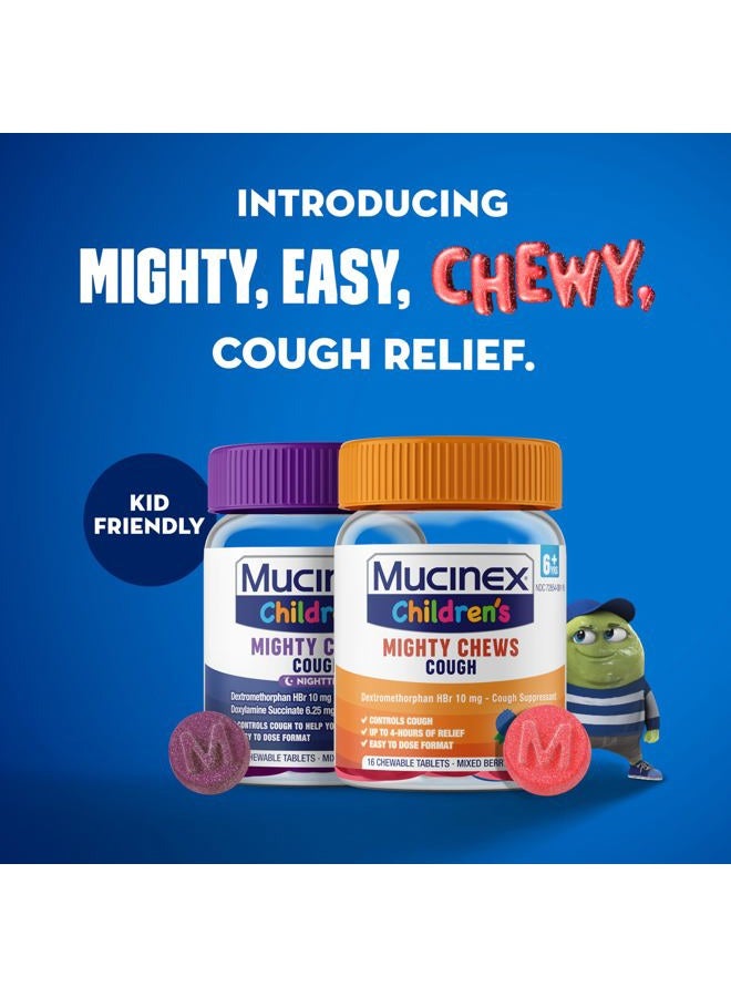 MUCINEX دواء سعال الأطفال مايتي تشيوز، عبوة قيمة للاستخدام نهارًا وليلاً، مثبط سعال سهل الجرعة للأطفال مع ديكستروميثورفان، بنكهة التوت المختلط، 32 قرص مضغ طبي - Image 2