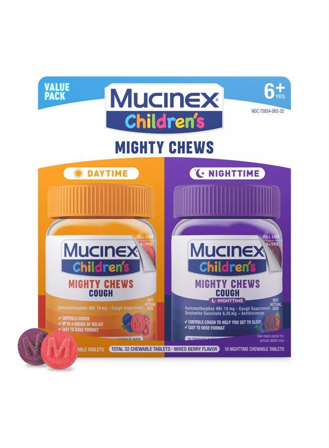 MUCINEX دواء سعال الأطفال مايتي تشيوز، عبوة قيمة للاستخدام نهارًا وليلاً، مثبط سعال سهل الجرعة للأطفال مع ديكستروميثورفان، بنكهة التوت المختلط، 32 قرص مضغ طبي - Image 1