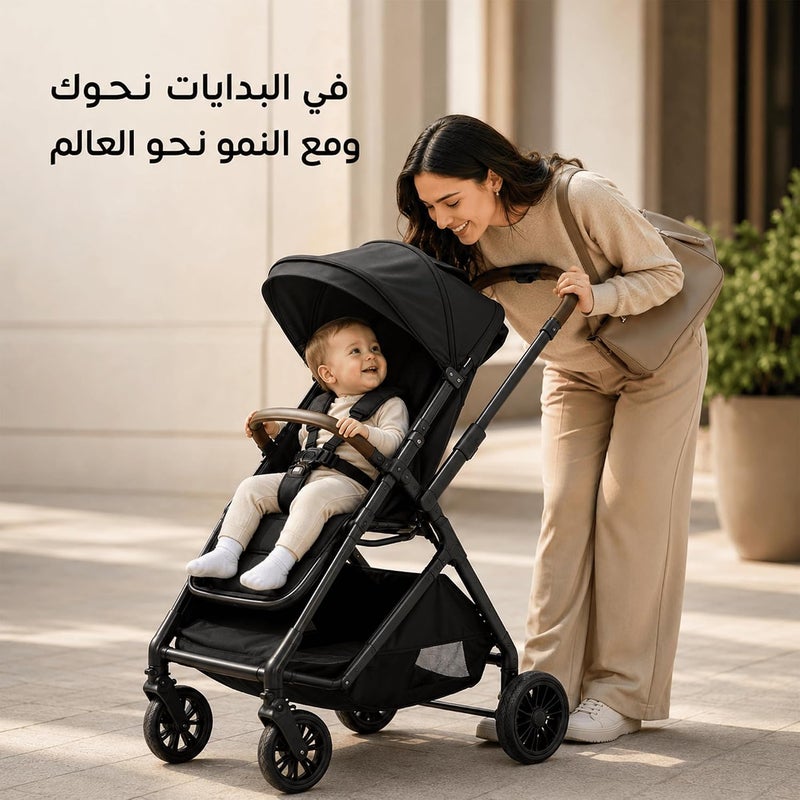 hibobi Reversible Handle Baby Stroller, Parent-Facing & Forward-Facing, Lie-Flat Reclining Seat, UPF50+ Canopy, One-Hand Fold, 0-36 Months, Black - Image 2