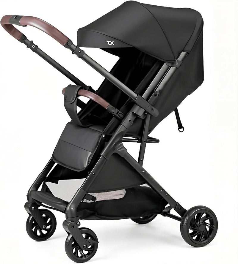 hibobi Reversible Handle Baby Stroller, Parent-Facing & Forward-Facing, Lie-Flat Reclining Seat, UPF50+ Canopy, One-Hand Fold, 0-36 Months, Black - Image 1