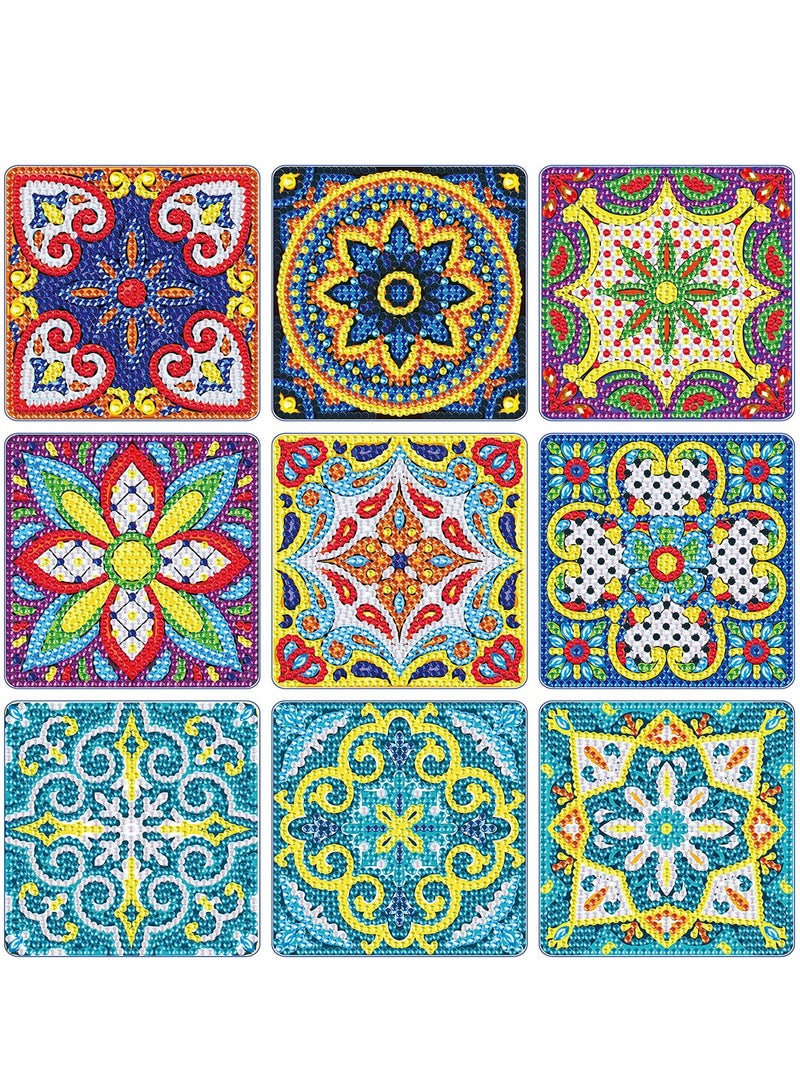 9-Piece DIY Mandala Diamond Painting Coaster Set with Holder, Art Craft Supplies for Adults, Small Diamond Dot Kits for Drinks, Creative Home Decor Accessories.  - Image 1