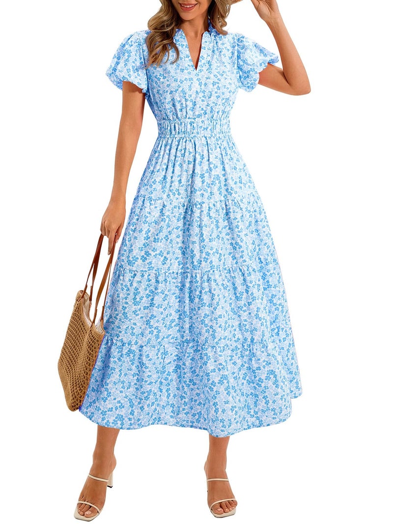 Wenrine Womens Summer Floral Maxi Dress Casual V Neck Puff Short Sleeve Smocked Loose Boho Beach Dresses with Pockets Light Blue - Image 1