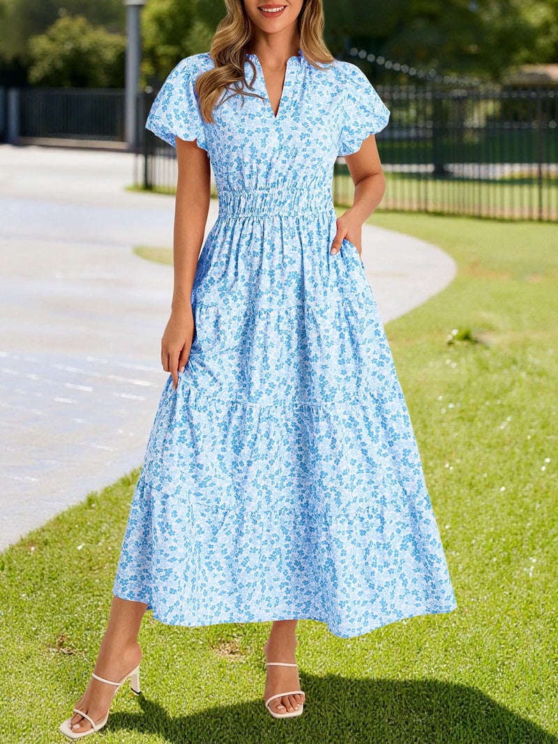 Wenrine Womens Summer Floral Maxi Dress Casual V Neck Puff Short Sleeve Smocked Loose Boho Beach Dresses with Pockets Light Blue - Image 4