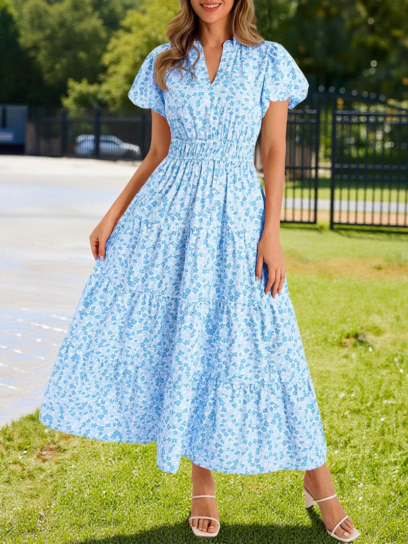 Wenrine Womens Summer Floral Maxi Dress Casual V Neck Puff Short Sleeve Smocked Loose Boho Beach Dresses with Pockets Light Blue - Image 2