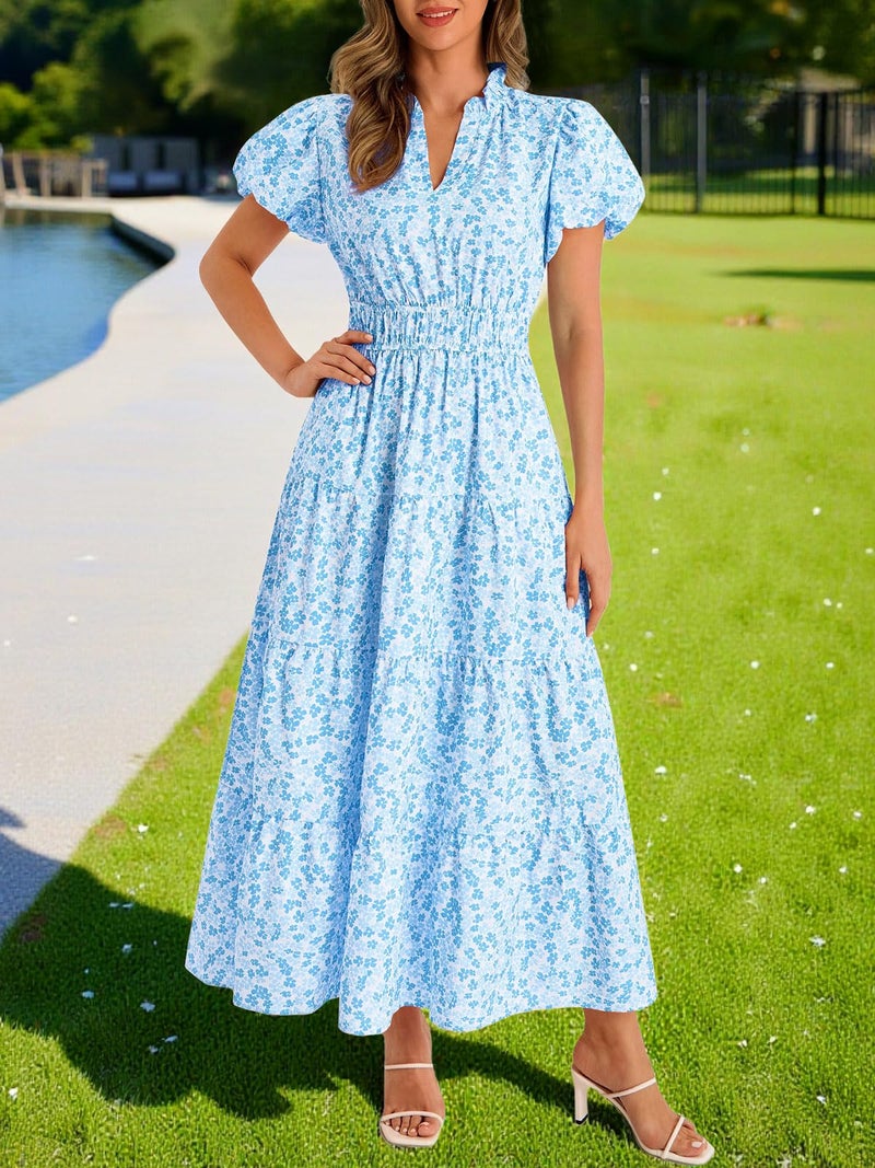 Wenrine Womens Summer Floral Maxi Dress Casual V Neck Puff Short Sleeve Smocked Loose Boho Beach Dresses with Pockets Light Blue - Image 3
