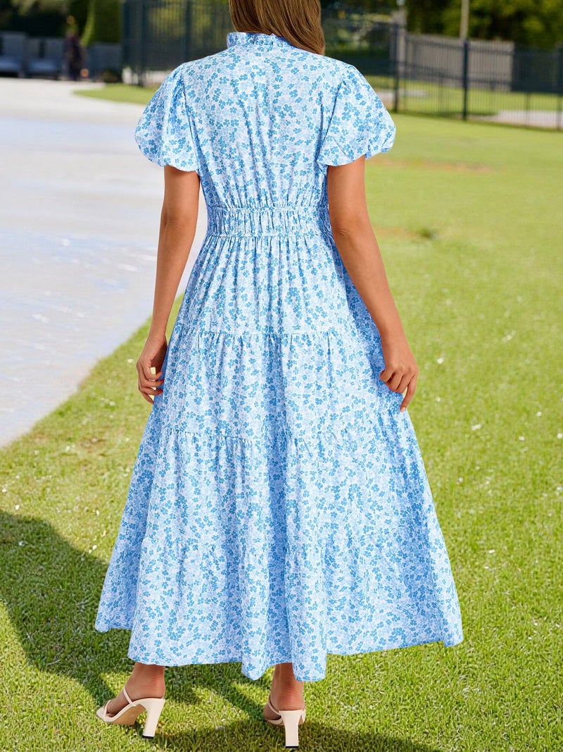 Wenrine Womens Summer Floral Maxi Dress Casual V Neck Puff Short Sleeve Smocked Loose Boho Beach Dresses with Pockets Light Blue - Image 5