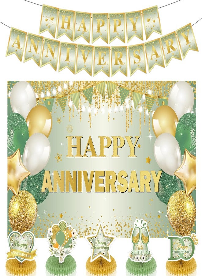 LUUFILx First Wedding Anniversary Decorations, Sage Green Happy Anniversary Banner Anniversary Honeycomb Centerpieces Wedding Party Backdrop for Marriage Celebrations Surprise Events Party Supplies - Image 1