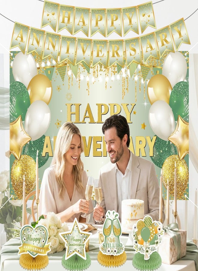 LUUFILx First Wedding Anniversary Decorations, Sage Green Happy Anniversary Banner Anniversary Honeycomb Centerpieces Wedding Party Backdrop for Marriage Celebrations Surprise Events Party Supplies - Image 3