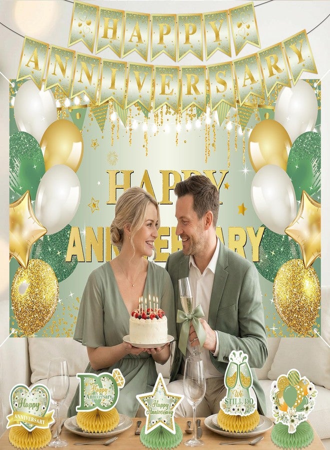 LUUFILx First Wedding Anniversary Decorations, Sage Green Happy Anniversary Banner Anniversary Honeycomb Centerpieces Wedding Party Backdrop for Marriage Celebrations Surprise Events Party Supplies - Image 2