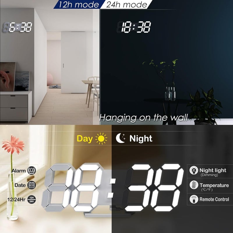 KOSUMOSU ساعة حائط LED رقمية ثلاثية الأبعاد ، 38.1 سم، لغرفة النوم، غرفة المعيشة، ساعة LED عصرية وجمالية مع جهاز تحكم عن بعد - Image 5