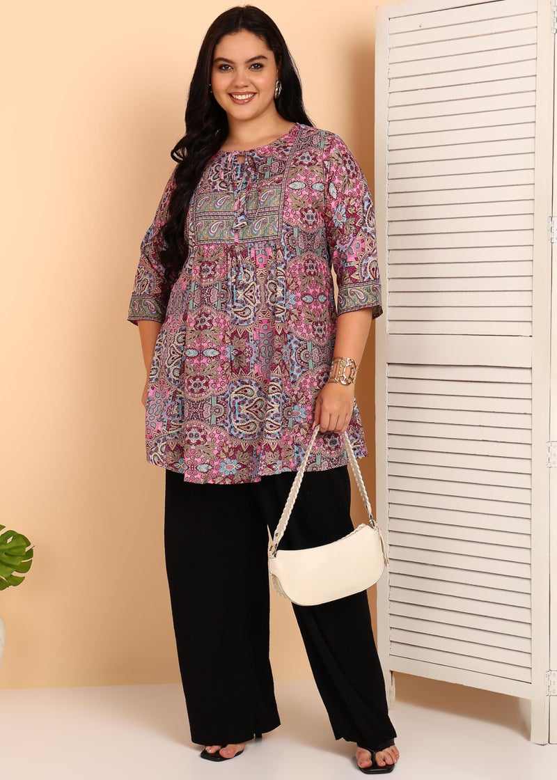 Yash Gallery Women’s Plus Size Wrinkle-Free Digital Print Kurti with Keyhole Neck & 3/4 Sleeves(Pink) - Image 2