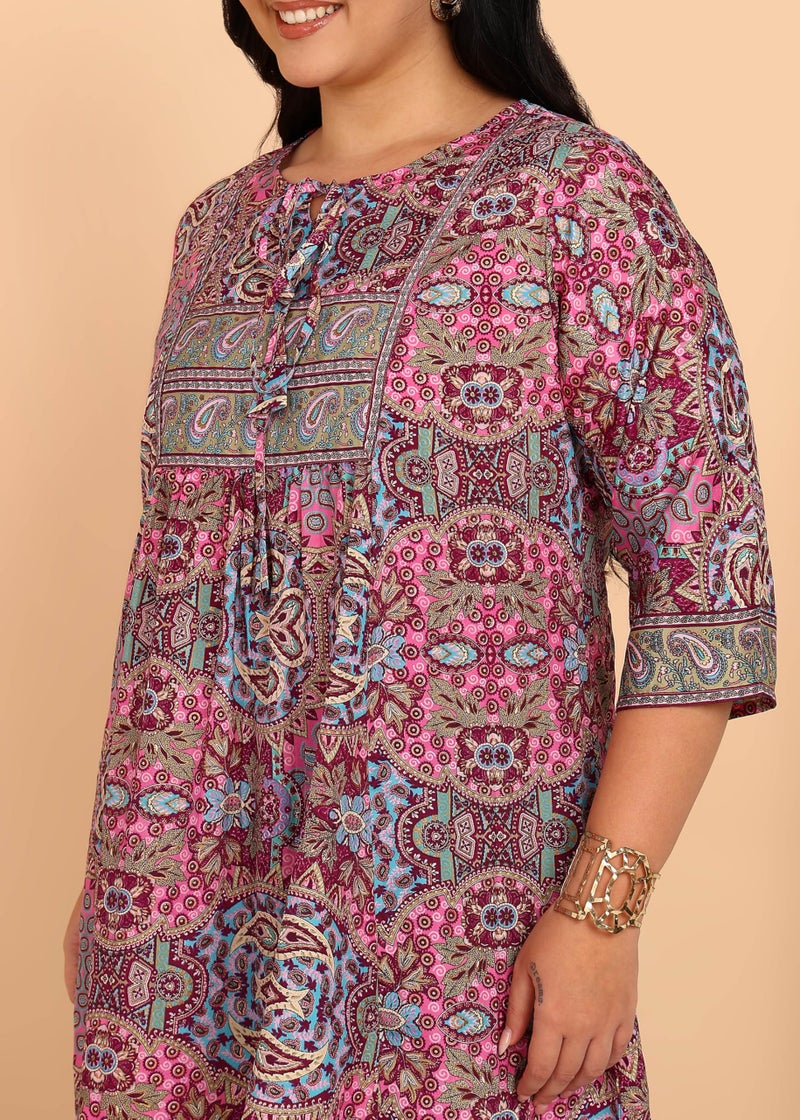 Yash Gallery Women’s Plus Size Wrinkle-Free Digital Print Kurti with Keyhole Neck & 3/4 Sleeves(Pink) - Image 5