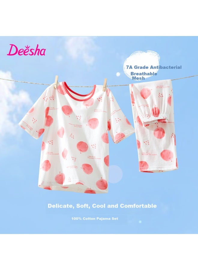 Deesha 7A Antibacterial Cotton Mesh Embroidery Girl'S Thin And Breathable Five-Sleeve Pajama Set Air Conditioning Clothing - Image 1