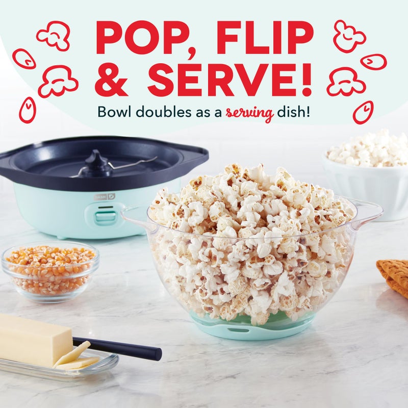 Dash SmartStore Stirring Popcorn Maker - Hot Oil Electric Popcorn Popper with Butter-Warming Tray, Clear Serving Bowl & Measuring Cup - 12 Cups, Aqua - Image 3