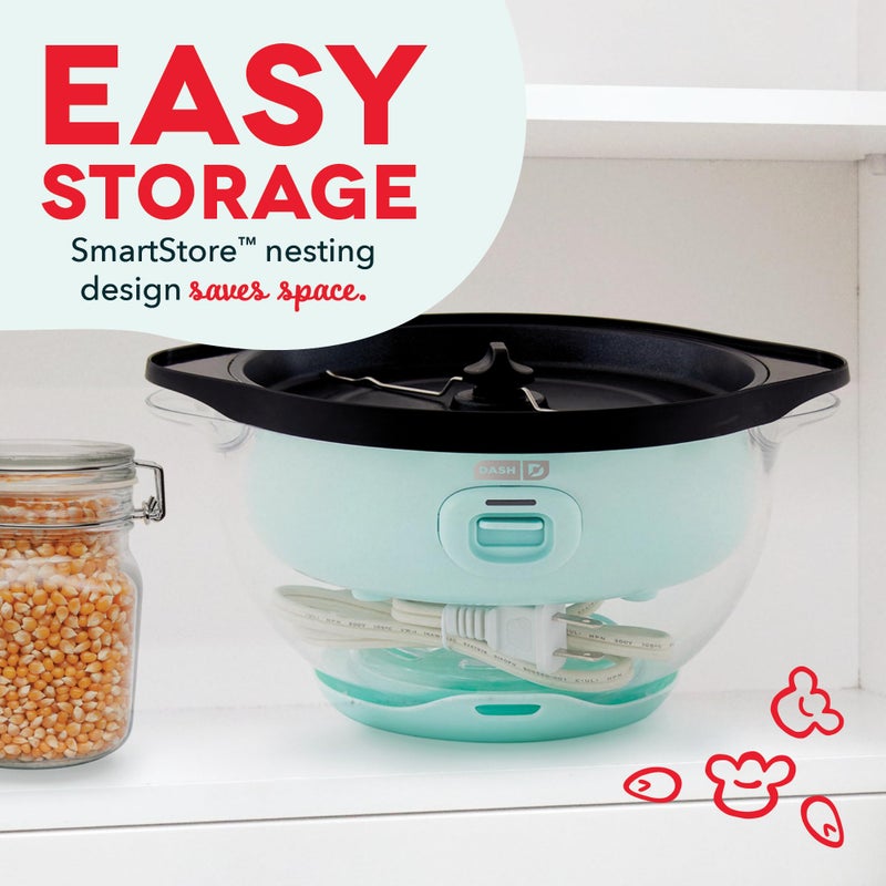 Dash SmartStore Stirring Popcorn Maker - Hot Oil Electric Popcorn Popper with Butter-Warming Tray, Clear Serving Bowl & Measuring Cup - 12 Cups, Aqua - Image 4