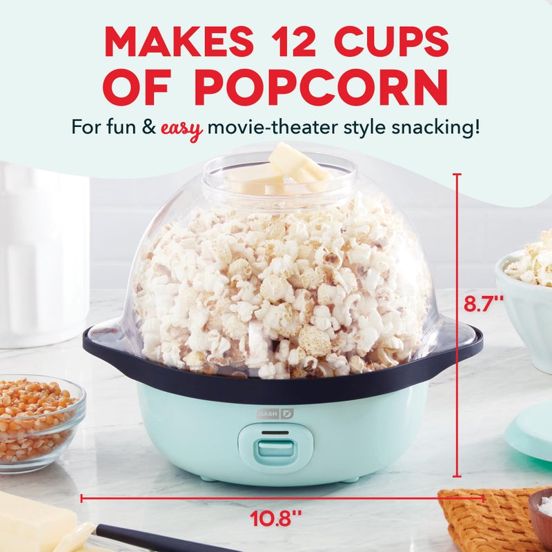 Dash SmartStore Stirring Popcorn Maker - Hot Oil Electric Popcorn Popper with Butter-Warming Tray, Clear Serving Bowl & Measuring Cup - 12 Cups, Aqua - Image 2