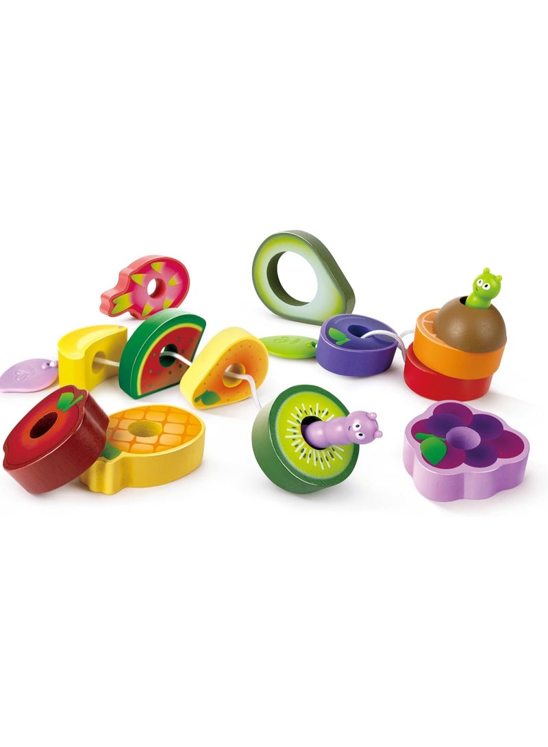 Hape Caterpillar Fruit Feast Wooden Playset | Wooden Kitchen Toys for Kids | Multicolor Fruit Toys for Toddlers, 15pcs, 2 Strings & 13 pcs fruit, Develops Fine Motor Skills, Focus and Imagination 2Y+  - Image 1