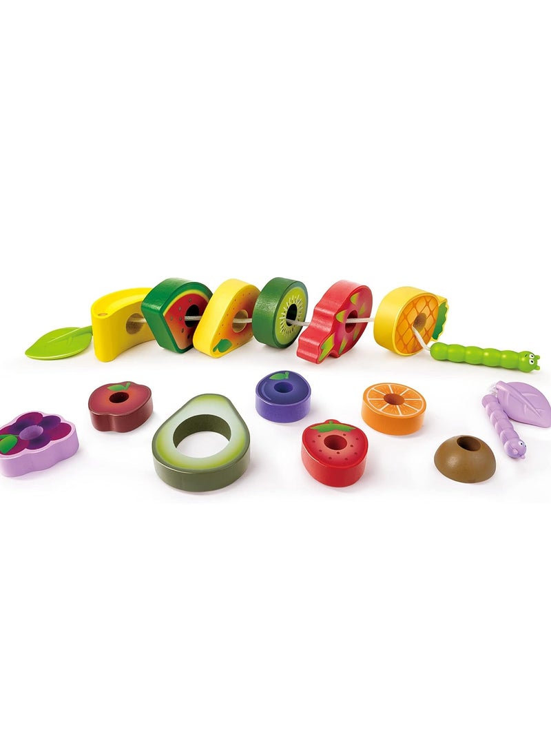 Hape Caterpillar Fruit Feast Wooden Playset | Wooden Kitchen Toys for Kids | Multicolor Fruit Toys for Toddlers, 15pcs, 2 Strings & 13 pcs fruit, Develops Fine Motor Skills, Focus and Imagination 2Y+  - Image 4
