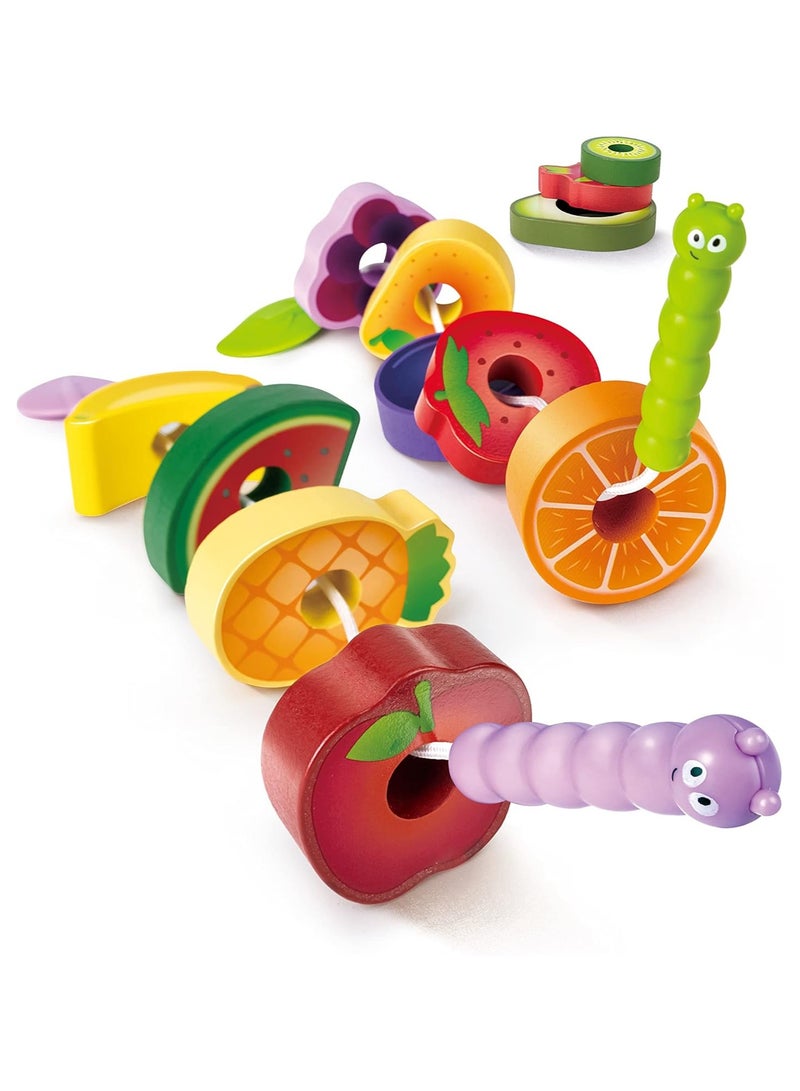 Hape Caterpillar Fruit Feast Wooden Playset | Wooden Kitchen Toys for Kids | Multicolor Fruit Toys for Toddlers, 15pcs, 2 Strings & 13 pcs fruit, Develops Fine Motor Skills, Focus and Imagination 2Y+  - Image 5