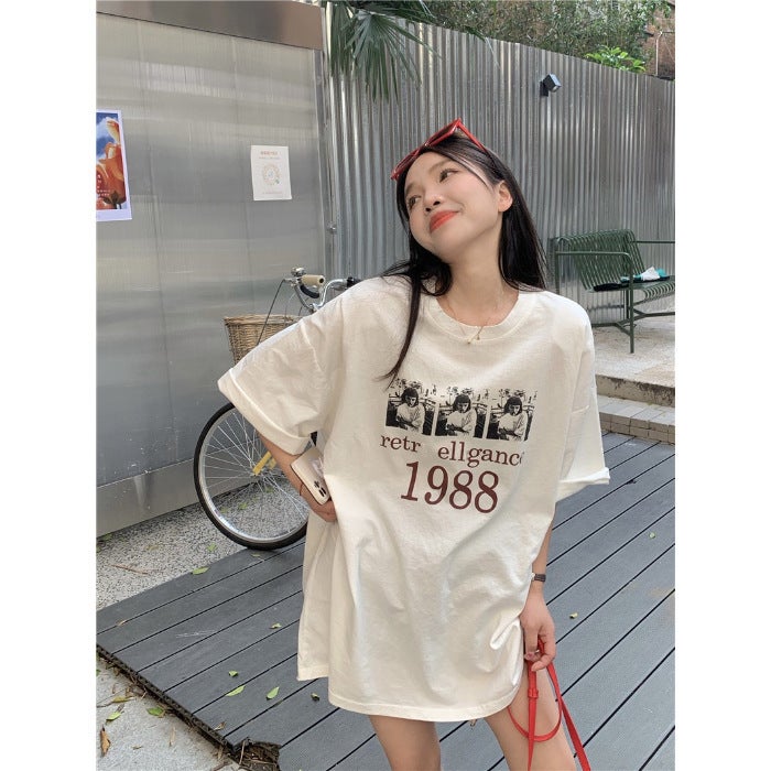 Long Short-sleeved Large T-shirt Womens Summer Loose Mid-length Butt-covering Top Lower Clothes Missing Lower Body dress White